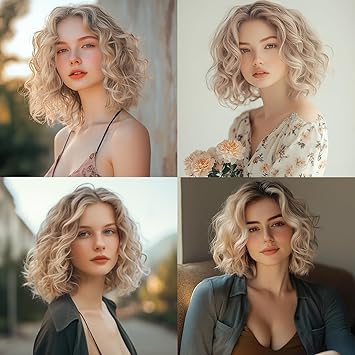 Short Ombre Ash Blonde Wavy Wigs for Women 14 Inch Shoulder Length Curly Wavy Bob Wig Synthetic Natural Hair Wig for Daily Party Use (Ash Blonde, 14 inch)