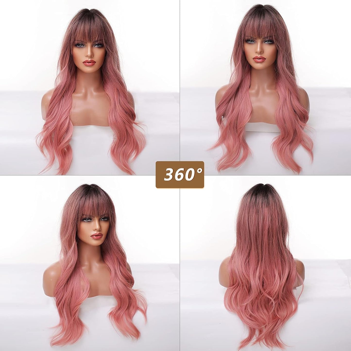 Long Ombre Pink Wig for Women - Natural Curly Hair Synthetic Wigs With Bang Dark Root, Party Cosplay Daily Use (2pcs Free Wig Cap)