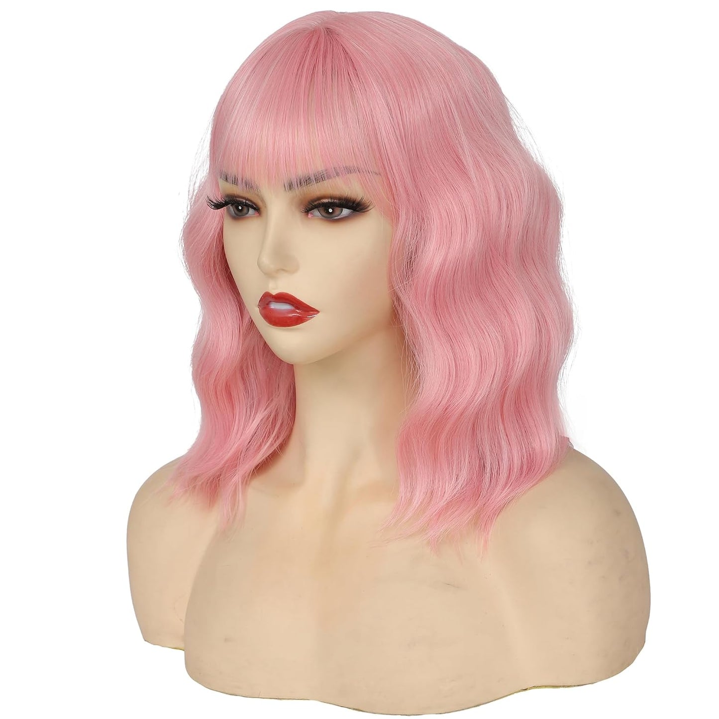 Light Pink Wig for Women Short Pastel Wavy Wigs Curly Bob Wigs with Bangs Shoulder Length Colorful Synthetic Wigs for Cosplay Costume Party Daily Use(14 Inches)