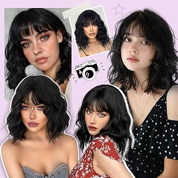Black Wig With Bangs Bob Synthetic Curly Wigs Natural Shoulder Length Wig 12 inch for Women Girls Daily Use Colorful Wigs