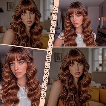 Long Auburn Wigs with Bangs 26Inch Wavy Curly Reddish Hair for Women Tangle Free Soft Natural Looking Premium Heat Resistant Protein Fiber Daily Party Use