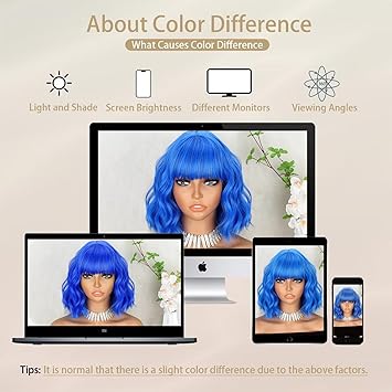 Short Dark Blue Wigs with Bangs for Women Synthetic Shoulder Length Wavy Bob Wig for Girl Colorful Costume Wigs (Blue)