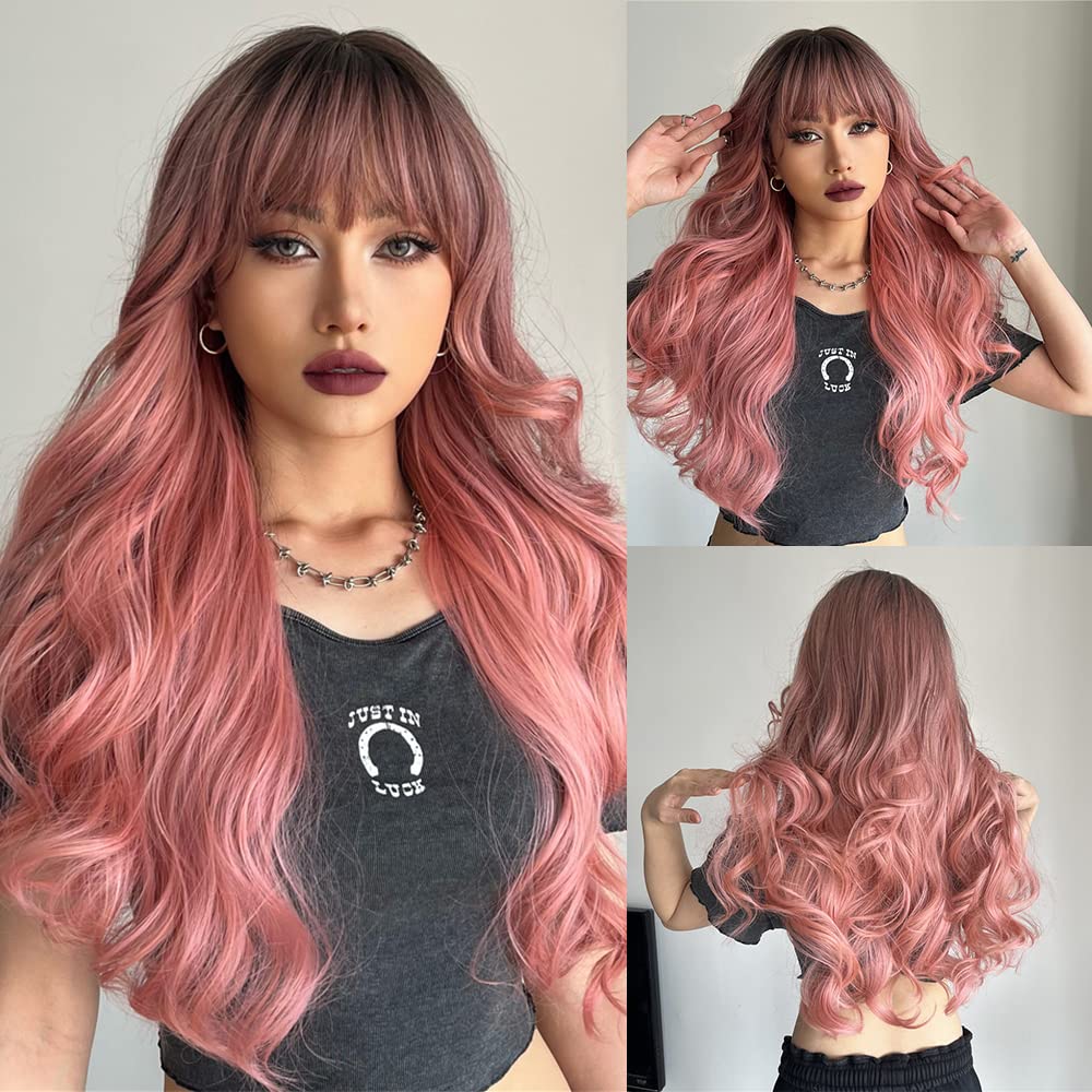 Long Ombre Pink Wig for Women - Natural Curly Hair Synthetic Wigs With Bang Dark Root, Party Cosplay Daily Use (2pcs Free Wig Cap)