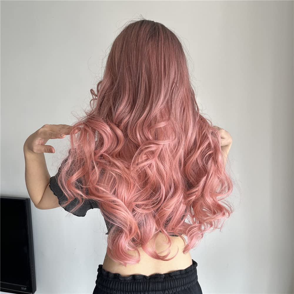 Long Ombre Pink Wig for Women - Natural Curly Hair Synthetic Wigs With Bang Dark Root, Party Cosplay Daily Use (2pcs Free Wig Cap)
